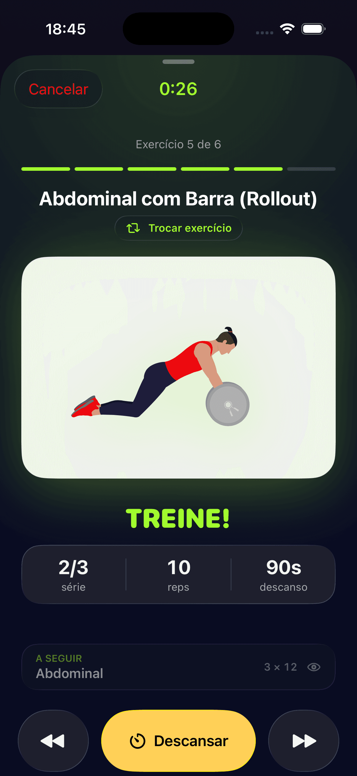 Gymaniacs workout player — animated exercise demo, timer, sets and reps